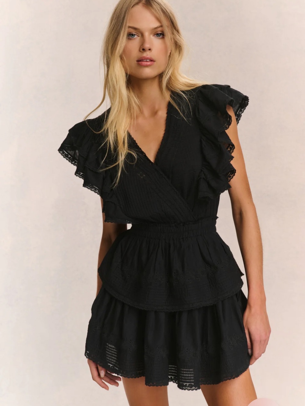LoveShackFancy Black Ruffle Wrap Mini Dress